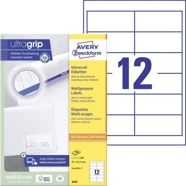 Etikety univerzální 97x42,3mm Avery A4 100 archů