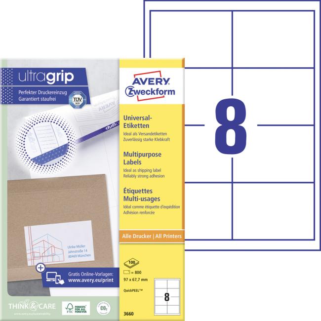 Etikety univerzální 97x67,7mm Avery A4 100 archů