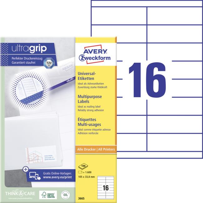 Etikety univerzální 105x33,8 mm Avery A4 100 archů