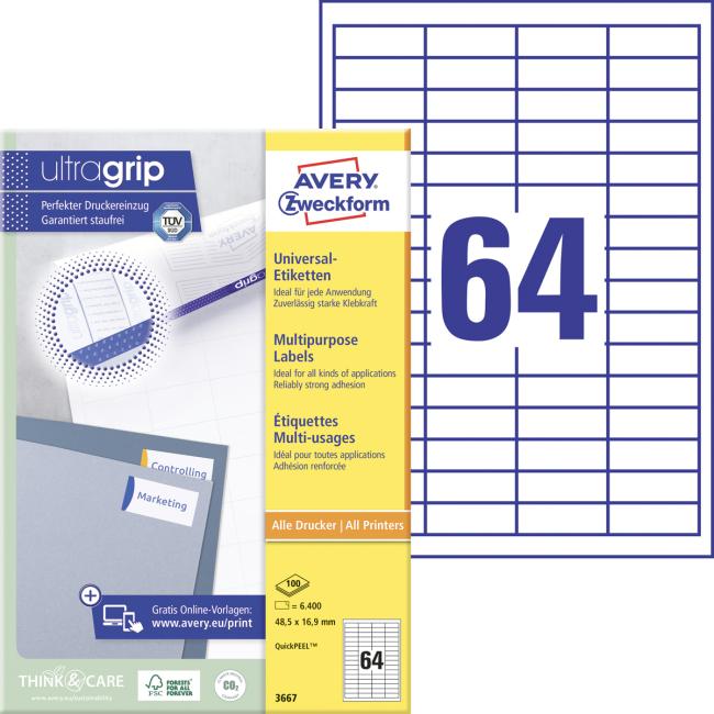 Etikety univerzální 48,5x16,9mm Avery A4 100 archů