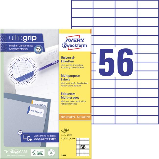 [AV003668] Etikety univerzální 52,5x21,2mm Avery A4 100 archů