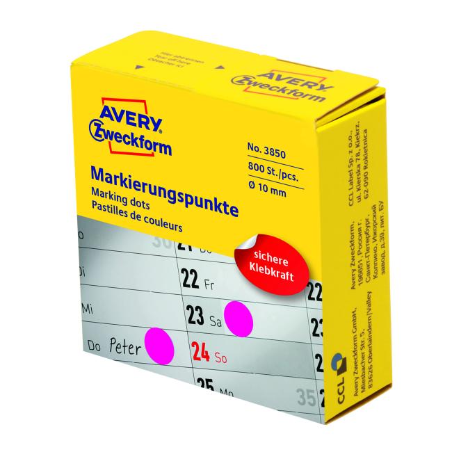 [AV003850] Etikety kruhové 10mm Avery purpurové v dispenzoru