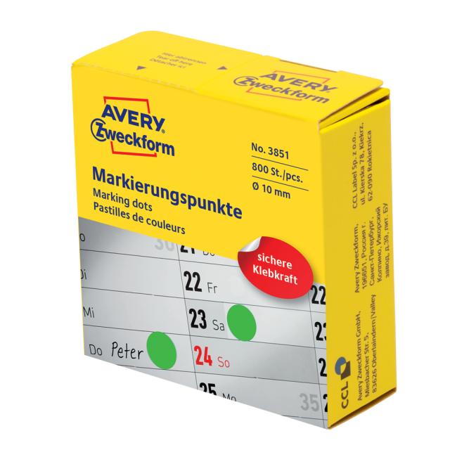 Etikety kruhové 10mm Avery zelené v dispenzoru