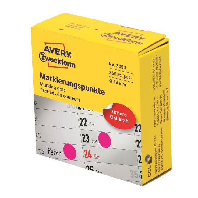 Etikety kruhové 19mm Avery purpurové v dispenzoru