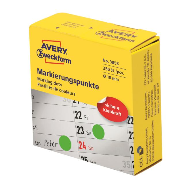 Etikety kruhové 19mm Avery zelené v dispenzoru