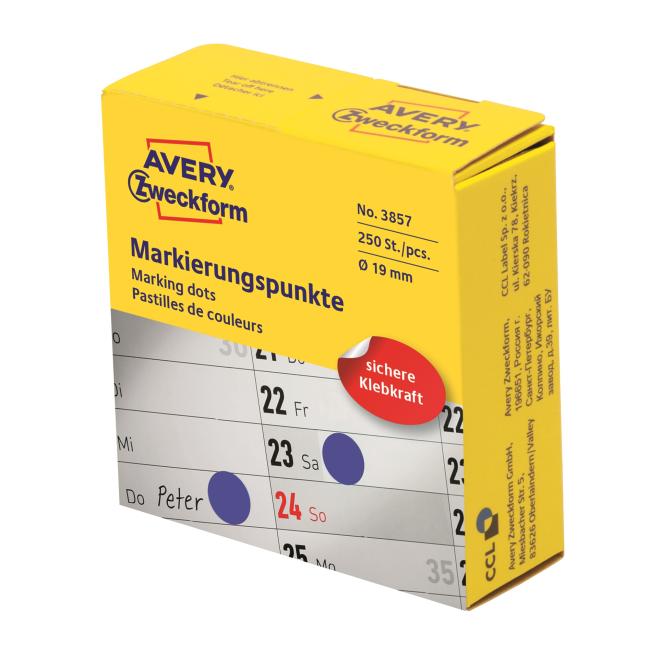Etikety kruhové 19mm Avery modré v dispenzoru