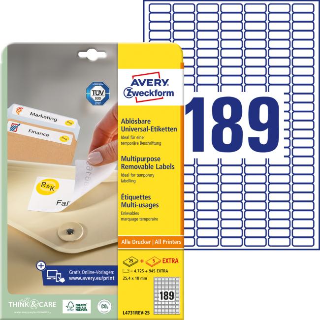 Etikety univerzálně odnímatelné 25,4x10mm Avery A4 25+5 archů
