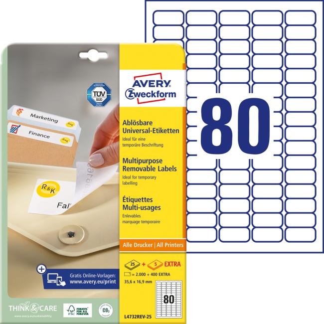 [AV004732] Etikety univerzálně odnímatelné 35,6x16,9mm Avery A4 25+5 archů