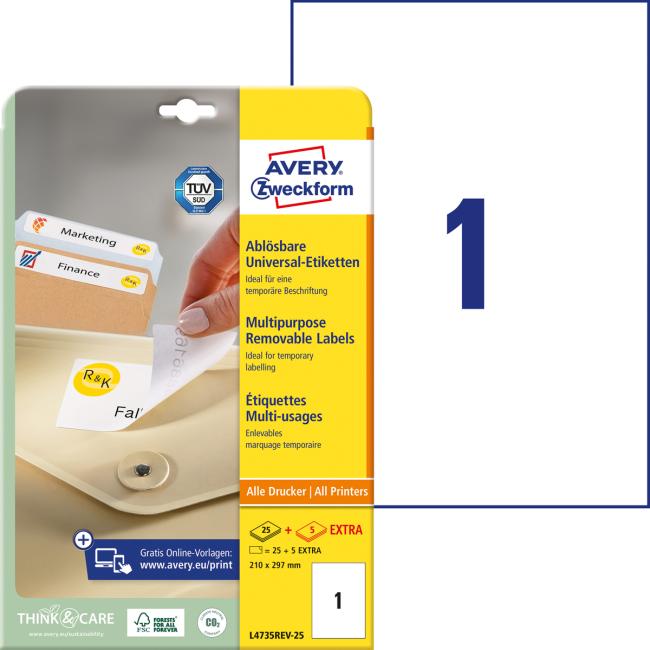 [AV004735] Etikety univerzálně odnímatelné 210x297mm Avery A4 25+5 archů