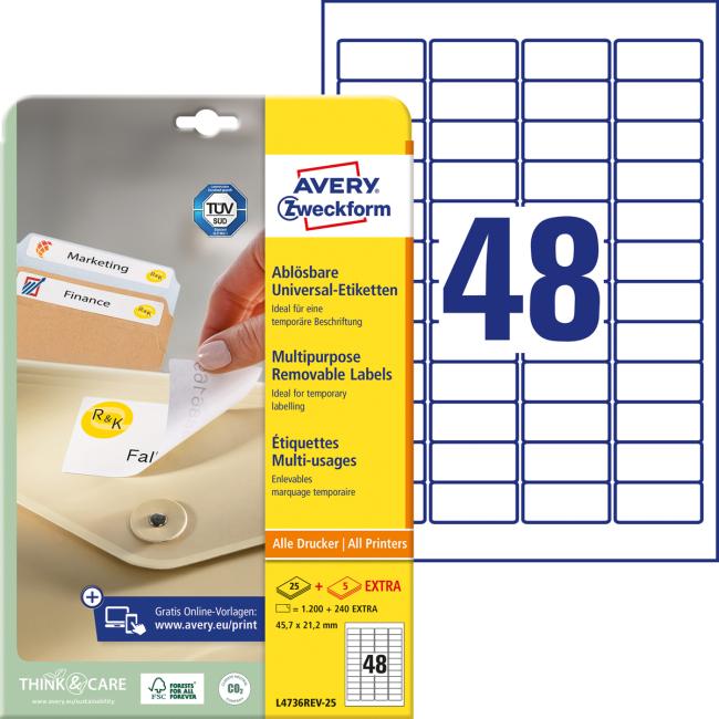 Etikety univerzálně odnímatelné 45,7x21,2mm Avery A4 25+5 archů