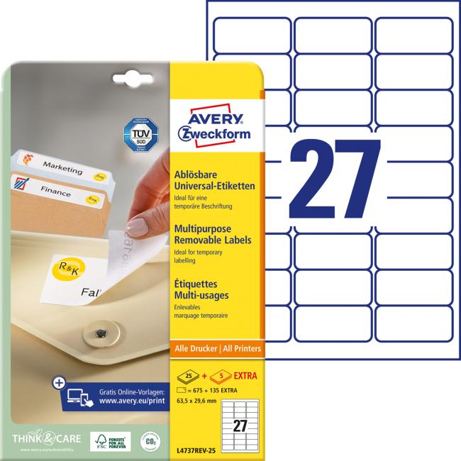 Etikety univerzálně odnímatelné 63,5x29,6mm Avery A4 25+5 archů