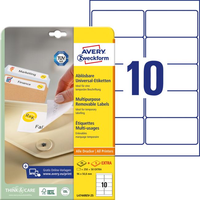 [AV004744] Etikety univerzálně odnímatelné 96x50,8mm Avery A4 25+5 archů