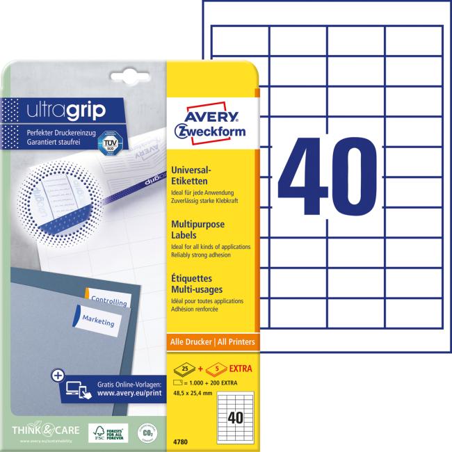 [AV004780] Etikety univerzální 48,5x25,4mm Avery A4 25+5 archů