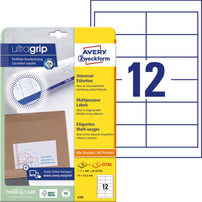 Etikety univerzální 97x42,3mm Avery A4 25+5 archů
