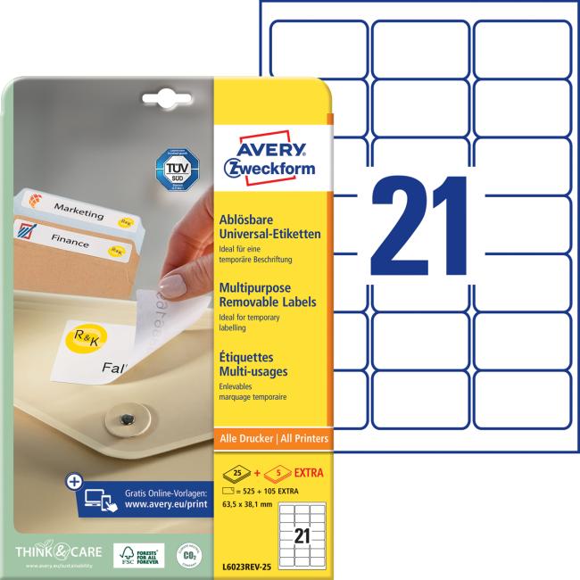 Etikety univerzálně odnímatelné 63,5x38,1mm Avery A4 25+5 archů