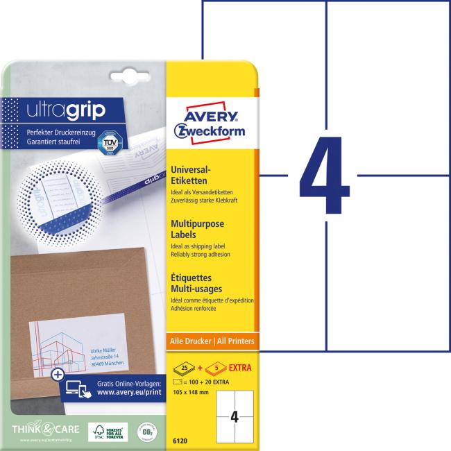 Etikety univerzální 105x148mm Avery A4 25+5 archů