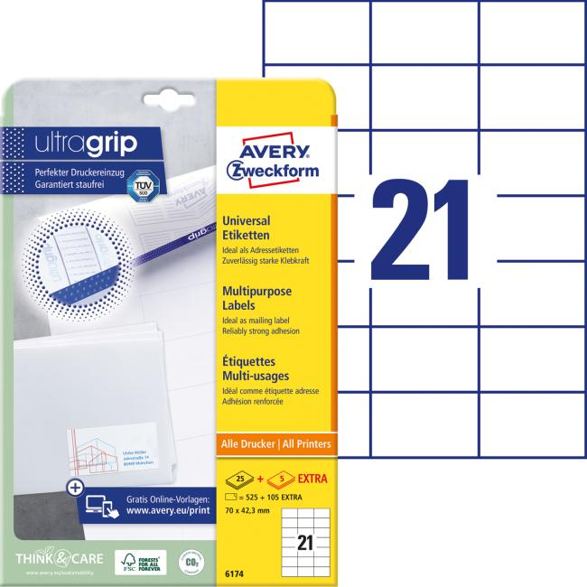 Etikety univerzální 70x42,3mm Avery A4 25+5 archů