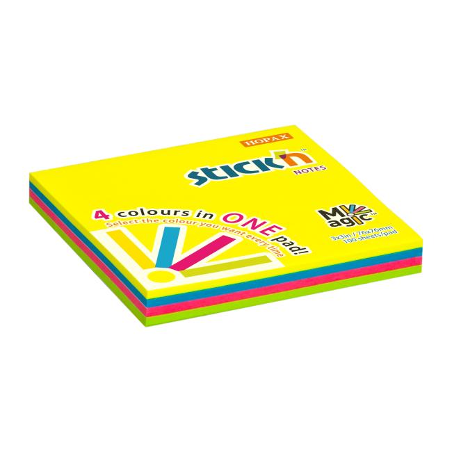 Samolepící bloček Stick'n Hopax MAGIC 4 neonové barvy, 76 x 76 mm, 100 lístků