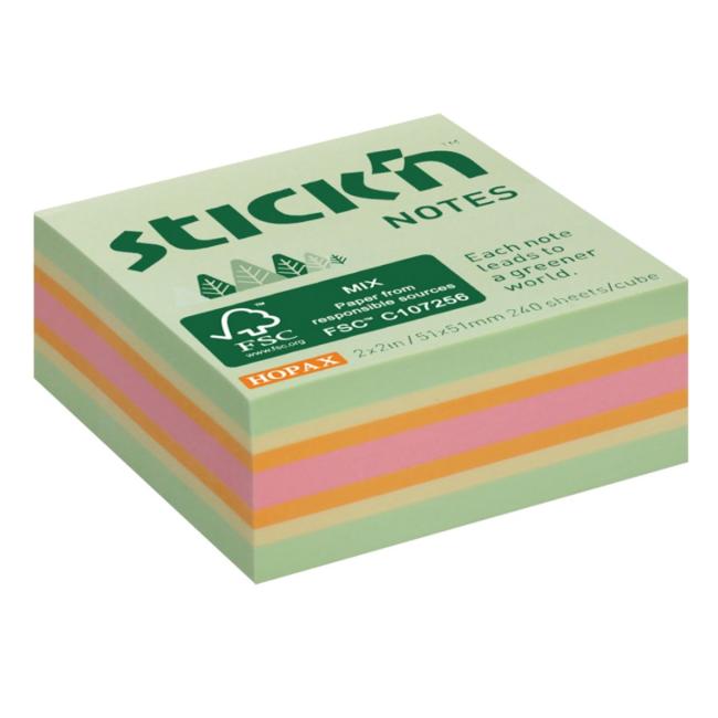 Samolepící bloček Stick'n Hopax mini, 51x51 mm, lesní mix pastelových barev, 240 lístků