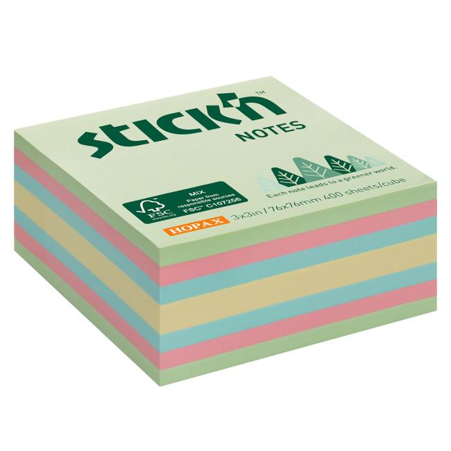 [AV021891] Samolepící bloček Stick'n Hopax, 76x76 mm, lesní mix pastelových barev, 400 lístků