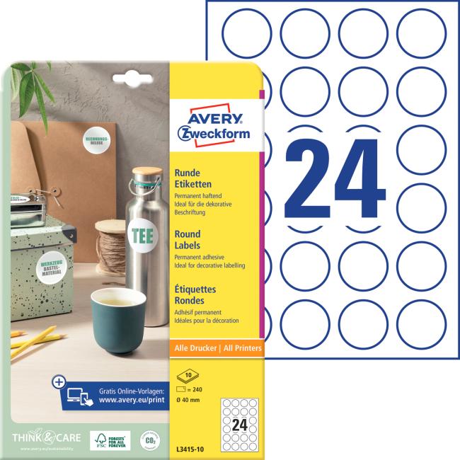 [AV341510] Etikety univerzální kruhové 40mm Avery A4 10 archů