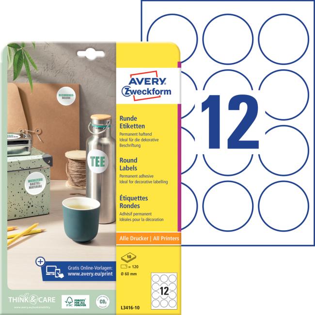 [AV341610] Etikety univerzální kruhové 60mm Avery A4 10 archů