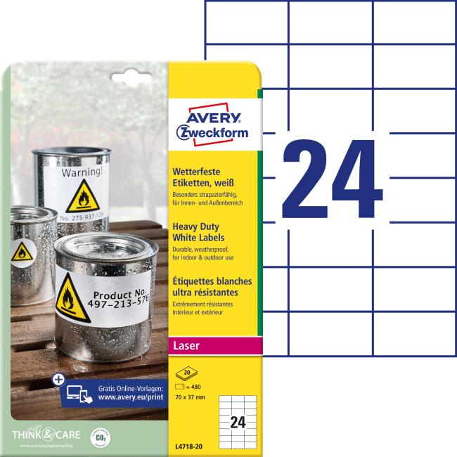 Etikety polyesterové velmi odolné 70x37mm Avery A4 bílé 20 archů