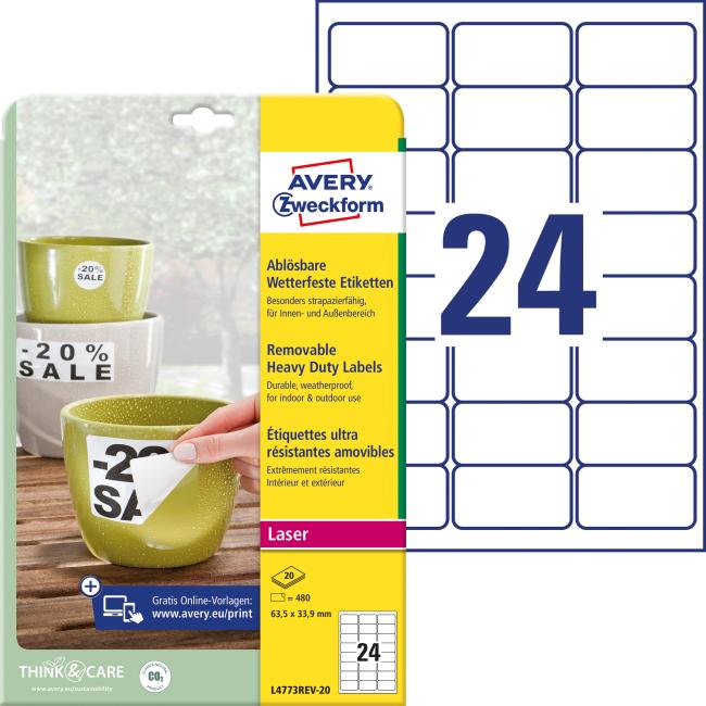 Etikety polyesterové velmi odolné 63,5x33,9mm Avery A4 bílé odnímatelné 20 archů