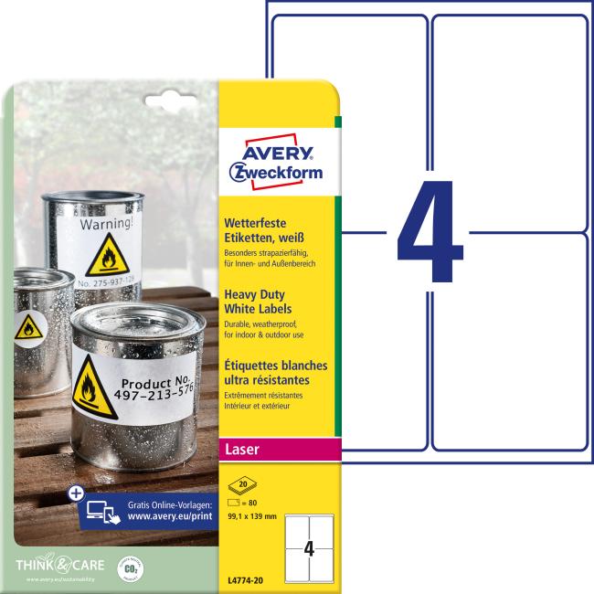 Etikety polyesterové velmi odolné 99,1x139mm Avery A4 bílé 20 archů