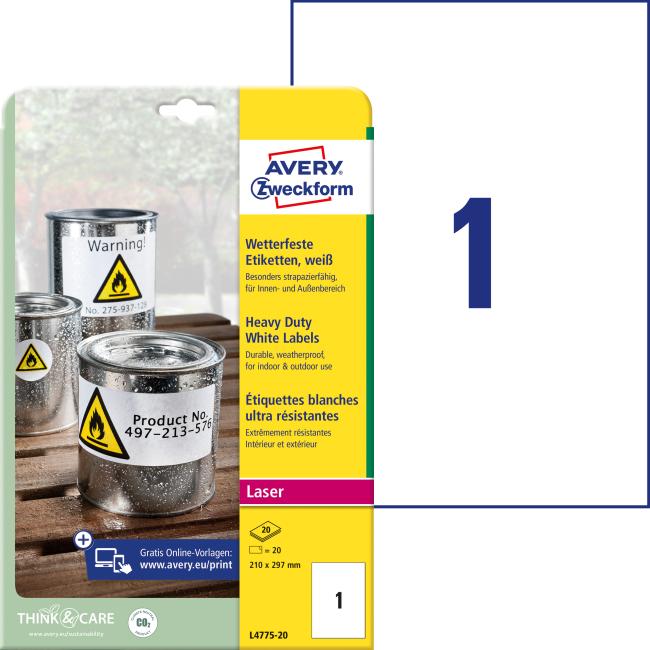 Etikety polyesterové velmi odolné 210 x 297mm Avery A4 bílé 20 archů
