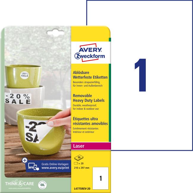 Etikety polyesterové velmi odolné 210x297mm Avery A4 bílé odnímatelné 20 archů