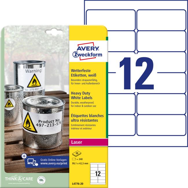 Etikety polyesterové velmi odolné 99,1x42,3mm Avery A4 bílé 20 archů