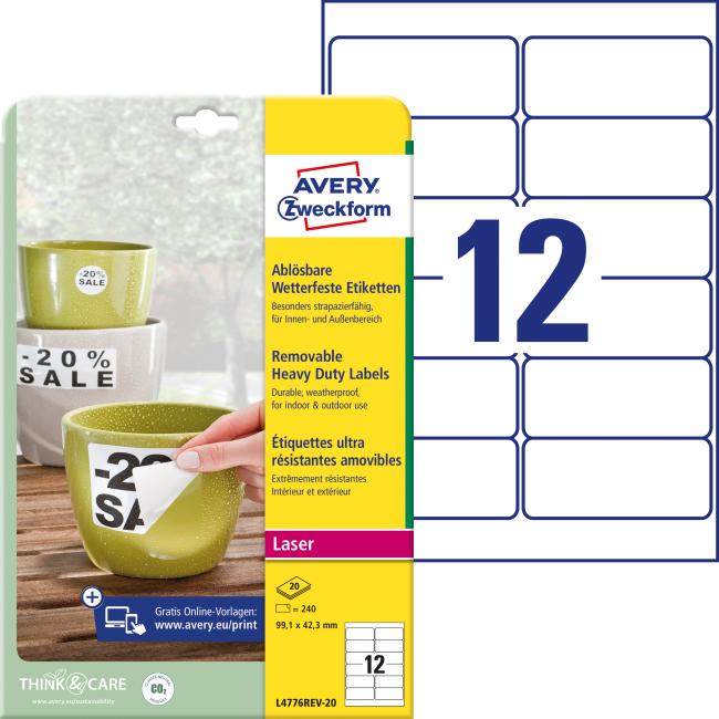 Etikety polyesterové velmi odolné 99,1x42,3mm Avery A4 bílé odnímatelné 20 archů
