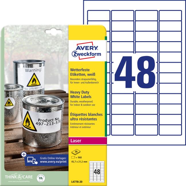 [AV477820] Etikety polyesterové velmi odolné 45,7x21,2mm Avery A4 bílé 20 archů
