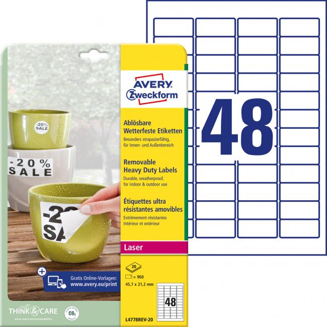 Etikety polyesterové velmi odolné 45,7x21,2mm Avery A4 bílé odnímatelné 20 archů