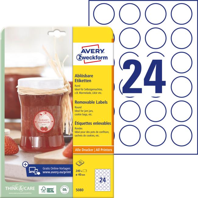 Etikety kruhové 40mm Avery 10 archů bílé