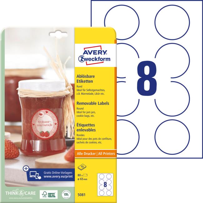 [AV508110] Etikety kruhové 65mm Avery 10 archů bílé