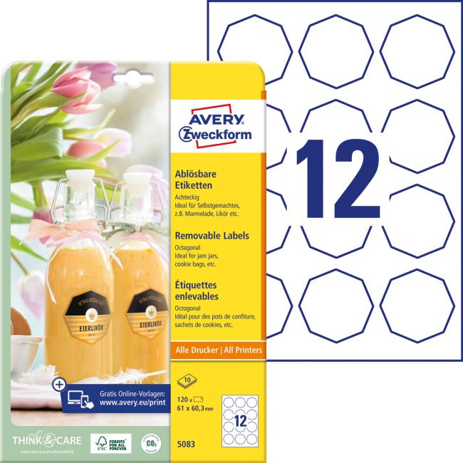 Etikety osmihranné 61x60,3mm Avery 10 archů bílé