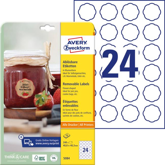 Etikety ve tvaru květu 40,8x40,3mm Avery 10 archů bílé