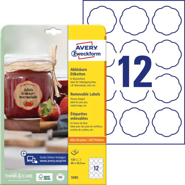 Etikety ve tvaru květu 60x59,5mm Avery 10 archů bílé