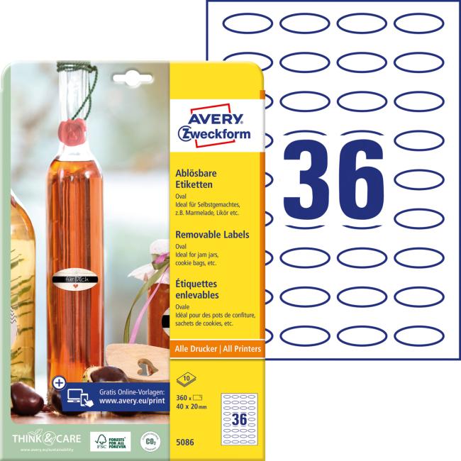 Etikety oválné 40x20mm Avery 10 archů bílé