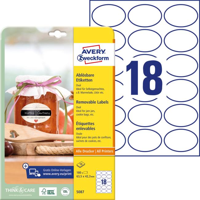 Etikety oválné 63,5x42,3mm Avery 10 archů bílé