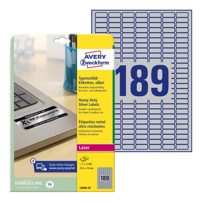 [AV600820] Etikety polyesterové velmi odolné 25,4x10mm Avery A4 stříbrné 20 archů