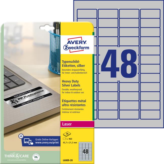 Etikety polyesterové velmi odolné 45,7x21,2mm Avery A4 stříbrné 20 archů