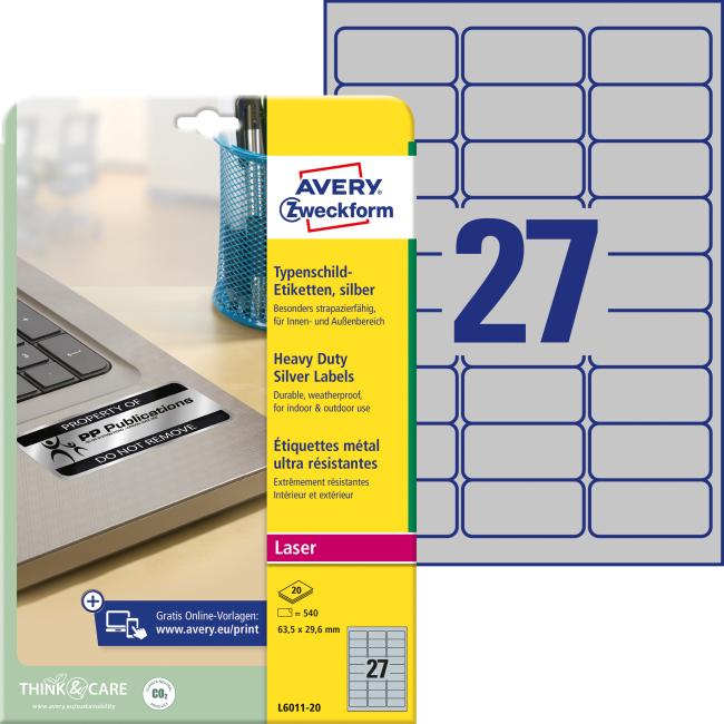 Etikety polyesterové velmi odolné 63,5x29,6mm Avery A4 stříbrné 20 archů