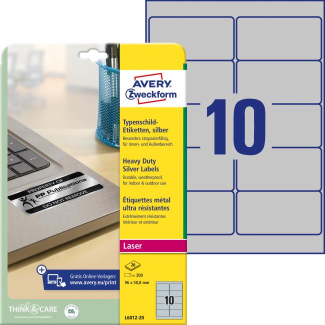 Etikety polyesterové velmi odolné 96x50,8mm Avery A4 stříbrné 20 archů