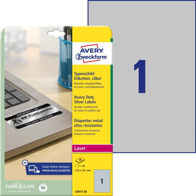 Etikety polyesterové velmi odolné 210x297mm Avery A4 stříbrné 20 archů