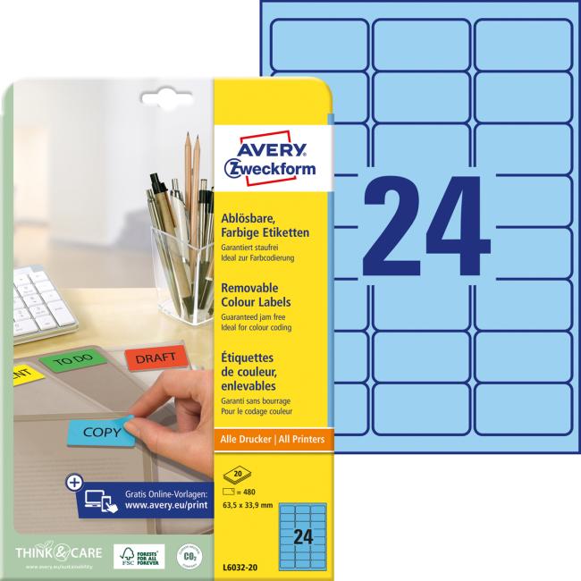 Etikety Avery odnímatelné 63,5x33,9 mm, modré