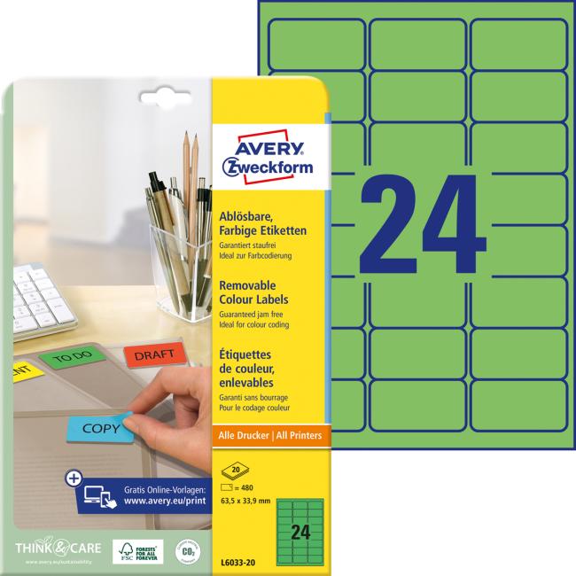 Etikety Avery odnímatelné 63,5x33,9 mm, zelené