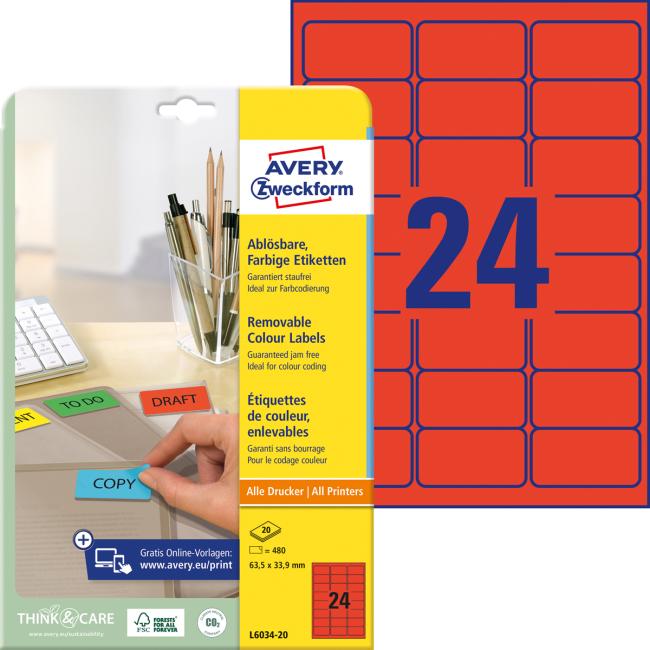 Etikety Avery odnímatelné 63,5x33,9 mm, červené
